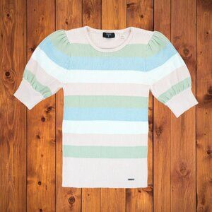 Tahari Pastel Sweater Women's Striped Colorful with Bubble Cuff Sleeves Sz Small